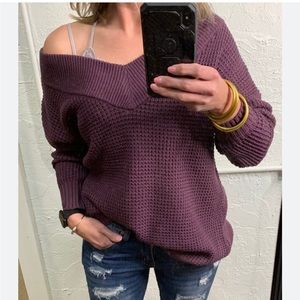 Zenana Plum Off the Shoulder Waffle Neck Sweater